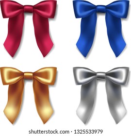 3D realistic vector icon ribbon collection red, blue, gold and silver velvet bows for special occasions packaging and decoration.