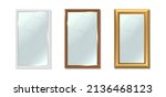 3d realistic vector icon set. Collection of ectangular vertical big mirrors. Reflection surface in silver, wooden, golden frame. Interior design furniture.