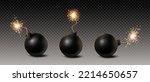 3d realistic vector icon set. Black round bombs with  burning fuse under different angles, isolated on transparent background.