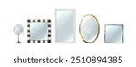 3d realistic vector icon set. Collection of different shepes of mirror, round, square and rectangular.