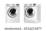 3d realistic vector icon set. White washing machine in front and side view. Washing clothes, laundry.