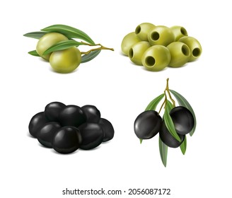 3d conjunto de iconos vectoriales realistas. Aceitunas verdes y negras. Aislado sobre fondo blanco.