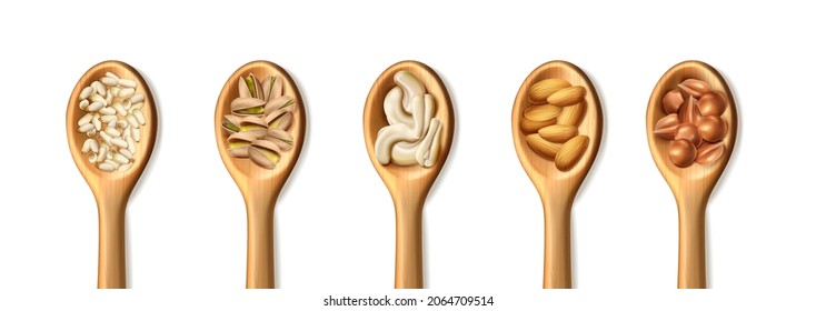 3D realistic vector icon set. Wooden spoons. Nuts. Almonds, pine nuts, pistachios, hazelnuts, cashew. Isolated on white background.