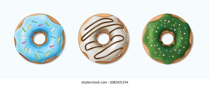 3d realistic vector icon set. Colorful sprinkled dougnuts in blue, white and green chocolate.