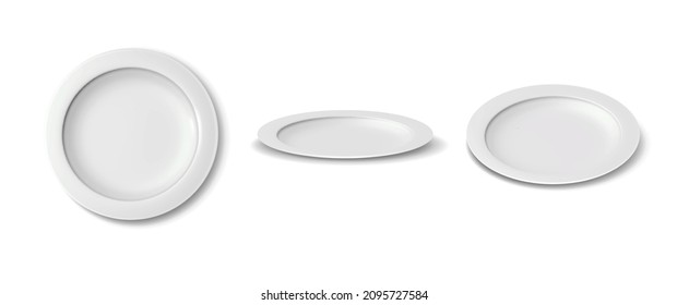 3d realistic vector icon set. White porcelain plates in side, front and top view. Isolated on white background.