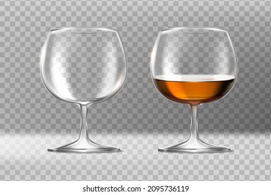 3d realistic vector icon. Set of two glassses with cognac. Empty and full. Isolated on transparent background.