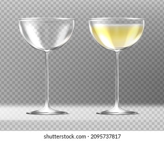 3d realistic vector icon. Set of two glassses with margarita glass coctail. Empty and full. Isolated on transparent background.