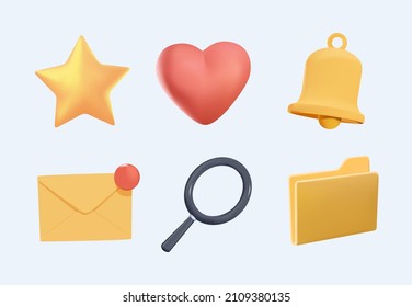 3d realistic vector icon set. Bell, heart, star, mail, magnifier, wrench, folder, document symbols. Business objects. UI, UX design icons kit. Marketing, business icons isolated on white. 3D free edit