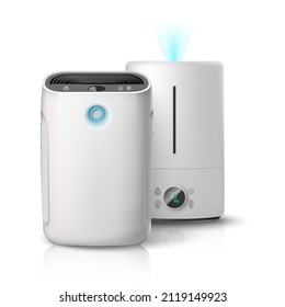 3d realistic vector icon set. Air purifier, isolated on white background illustration. Air cleaning and humidifying devise for the house.