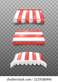 3d realistic vector icon set. Collection of canopy for pop up stores. Red striped parasoles.