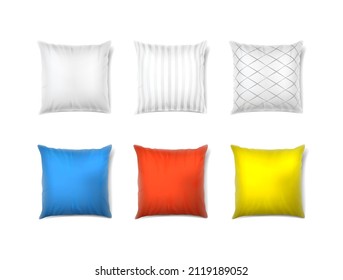 3d realistic vector icon set. White square pillow with patterns and stripes, in color, red, blue and yellow.