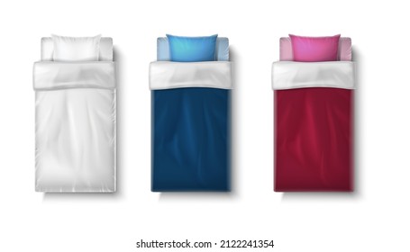 3d realistic vector icon set. Single bed frame with matress and duvet in white , red, blue color.