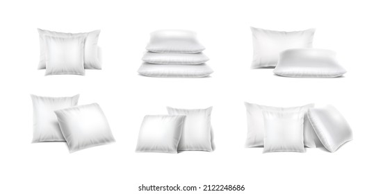 3d realistic vector icon set. Colllection of white pillows in stack in different orientation. Mock up icon.