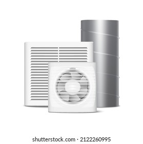 3d realistic vector icon set. Industrial ventilation with vent mesh  and pipes.