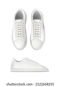 3d realistic vector icon. Set of running sneakers shoes in white color. Side and top view.