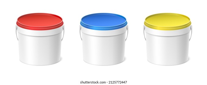 3d realistic vector icon set. Paint plastic bucket with handle with red, blue and yellow lid. Isolated on white background. Top view.