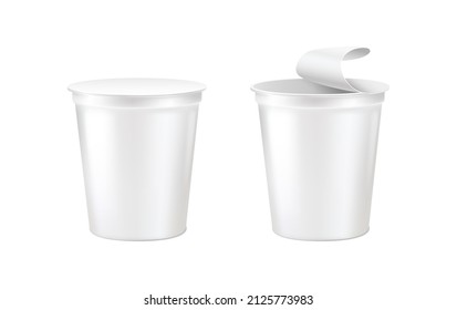 3d realistic vector icon set. Dairy yoghurt cup. Sour cream with open and closed lid. Isolated on white background.