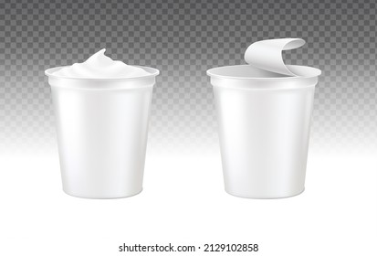 3d Realistic Vector Icon Set. Sour Cream Cup With Open Lid And Without Lid. Yoghurt Box On Transparent Background.