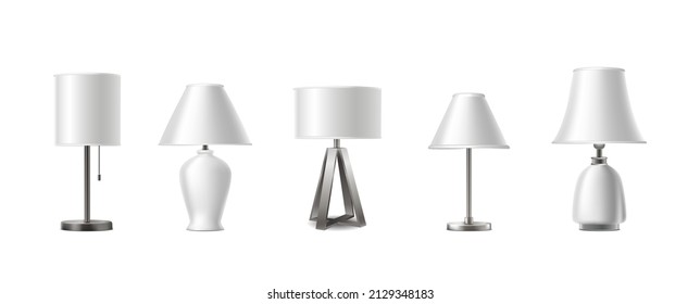 3d realistic vector icon set. Collection of table lamps in different shapes. Isolated on white background.