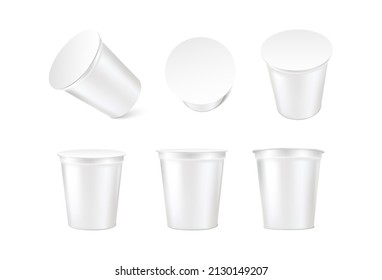 3d realistic vector icon set. Collection on sour cream cups with lid in different orientations. Isolated on white background. Dairy yoghurt product mockup.