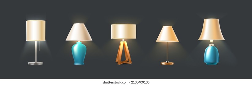 3d realistic vector icon set. Table light lamps. Lighted in the dark.