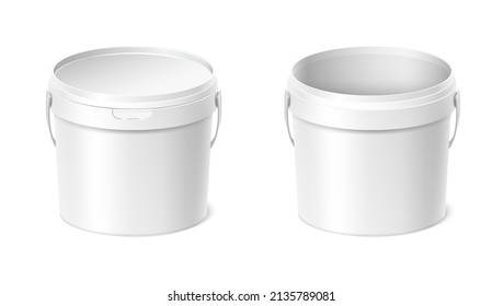 3d realistic vector icon set. Plastic white paint bucket with lid, open and closed.