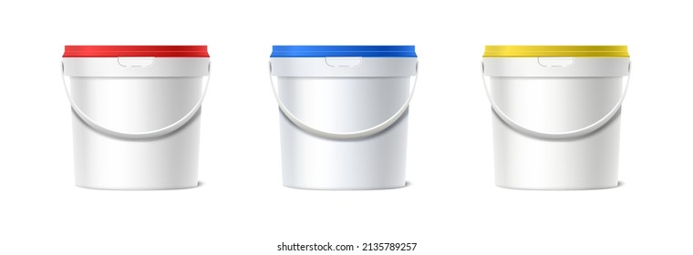 3d realistic vector icon set. Front view of paint plastic bucket with handle red, blue and yellow lid. Isolated on white background. 