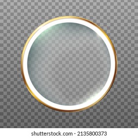 3d realistic vector icon set. Round mirror. Reflection surface in golden frame with light glowing. Interior design furniture.