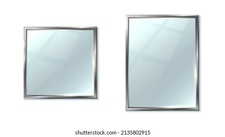 3d realistic vector icon set. Collection of ectangular and square mirror. Reflection surface in silver frame. Interior design furniture.