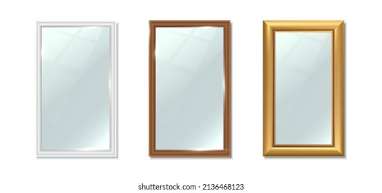 3d realistic vector icon set. Collection of ectangular vertical big mirrors. Reflection surface in silver, wooden, golden frame. Interior design furniture.