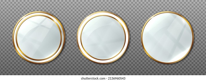 3d realistic vector icon set. Beauty make up round mirrors with golden frames in different shapes.