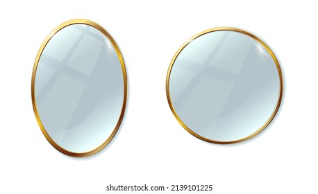 3d realistic vector icon set. Two mirrors with gold frame oval and round. Isolated on white background.