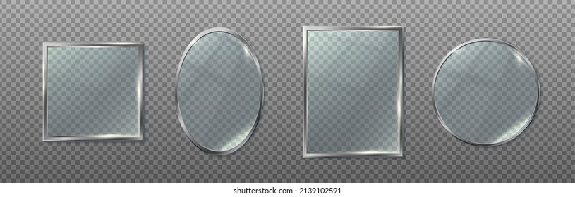 3d realistic vector icon set. Collection of transparent frame in silver mirrors in square, oval, rectangular and round shape.