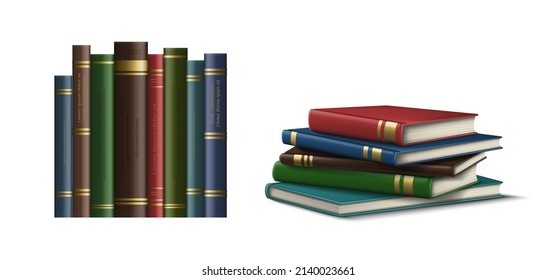 3d conjunto de iconos vectoriales realistas. Las cubiertas de libros en la fila y los libros se apilan en la superficie. Aislado sobre fondo blanco.