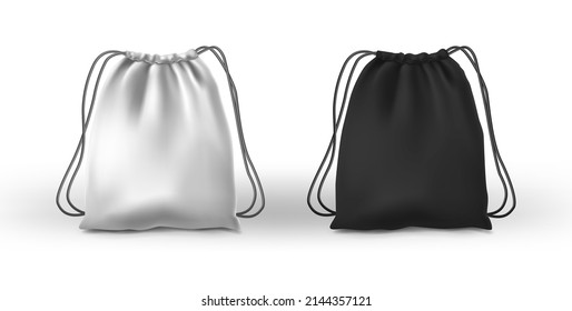 3d realistic vector icon set. White and black pack. Drawstring bags with handles mockup. Isolated on white backgroind.