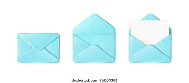 3d realistic vector icon set. Closed, open and blank paper in the envelope. Ioslated on white background.
