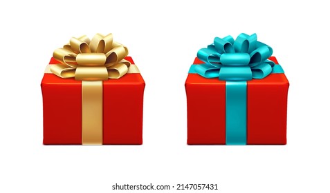 3d realistic vector icon set. Two red present boxes with golden and blue ribbons. isolated on white background.