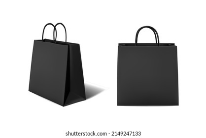 3d conjunto de iconos vectoriales realistas. Bolsa de cartón de papel negro con mangos. Bolsa de venta de compras. Aislado en el fondo blanco.