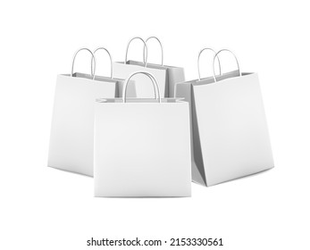 3d realistic vector icon set. Collection of white shopping paper bags. Isolated on white background.