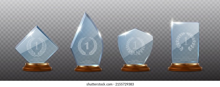 3d realistic vector icon set. Collection of glass trophy with wooden base in different shapes. Isolated on transparent background.