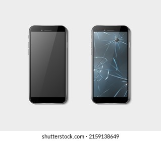 3d conjunto de iconos vectoriales realistas. Pantalla rota en el teléfono y teléfono completo El dispositivo Smartphone necesita reparación. Aislado sobre fondo blanco. 