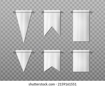 3d realistic vector icon set. white mockup hanging pennant in different shapes, hanging banner flag. 