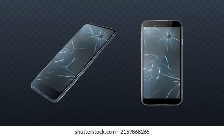 3d realistic vector icon set.two views side and front view of broken phone. Repair service appliences.