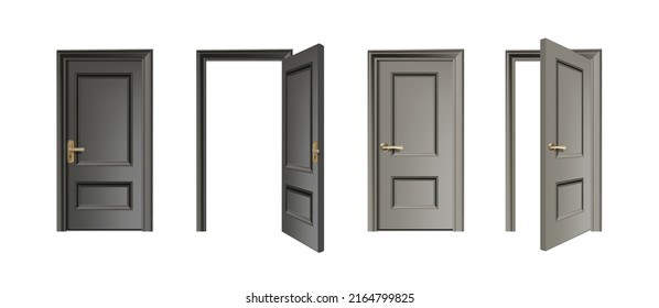 3d realistic vector icon set. Door set entrance collection with closed and open doors.