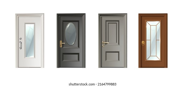 3d conjunto de iconos vectoriales realistas. Colección de la entrada de la puerta principal de diferentes estilos. Entrada moderna, salida de la casa.