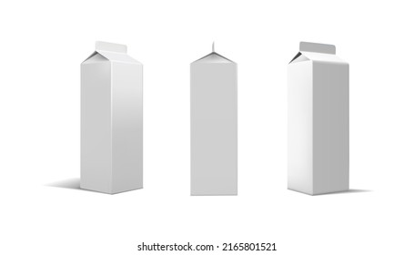 3d realistic vector icon set. Mockup of white drink carton packs. Milk dairy packaging. Side, front, back view.