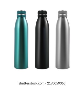 3d realistic vector icon set. Sport bottle. Silver plastic drinking bottle with water splash. Isolated on white background.