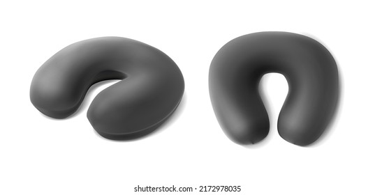 3d realistic vector icon set. Gray travel half round neck pillow in front and side view.