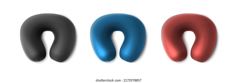 3d conjunto de iconos vectoriales realistas. almohadas de viaje de cuello en la vista frontal de color gris, azul y rojo.