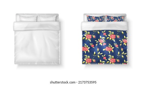 3d realistic vector icon set. Double bed with white bedsheets, duvet and two pillows in white and printed.